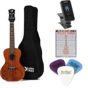 Luna Tattoo Mahogany Concert Ukulele- Satin Natural | Sweetwater