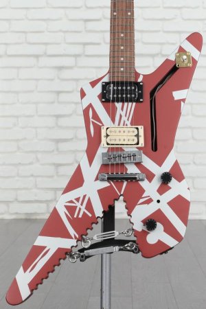 Photo of EVH Striped Series Shark Electric Guitar - Burgundy Red with Silver Stripes