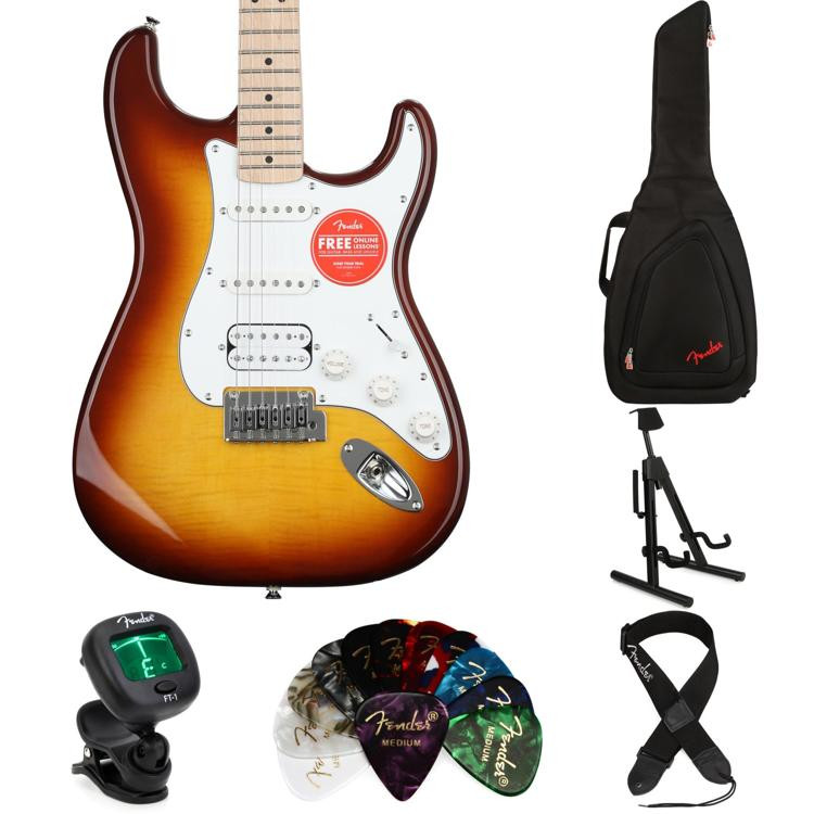 Squier Affinity Series Stratocaster Electric Guitar Essentials Bundle Sienna Sunburst Sweetwater