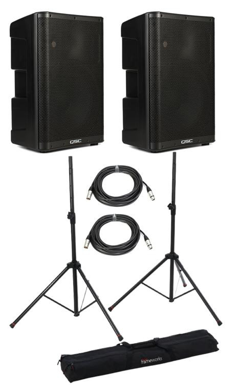 QSC CP12 Powered Speaker Pair with Stands and Cables Bundle Sweetwater