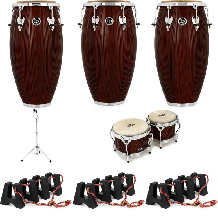 Latin Percussion Matador Wood Conga Set with Bongos and Stand Red Carved Mango Sweetwater