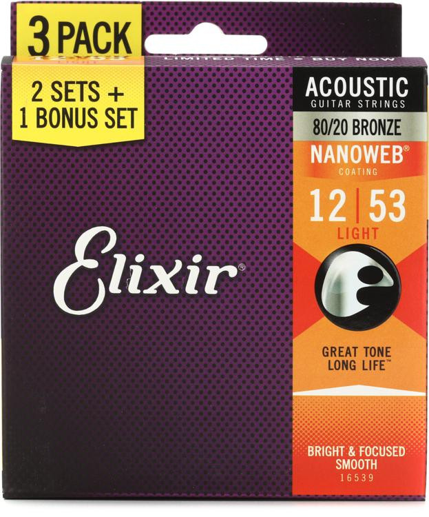 Elixir Strings Nanoweb 80/20 Acoustic Guitar Strings .012.053 Light 3