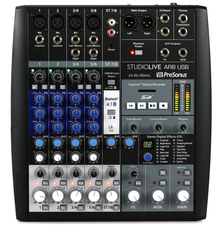PreSonus StudioLive AR8 USB 8-Channel hybrid Performance and Recording Mixer with Microfiber and 1 Year Everything Music Extended Warranty 