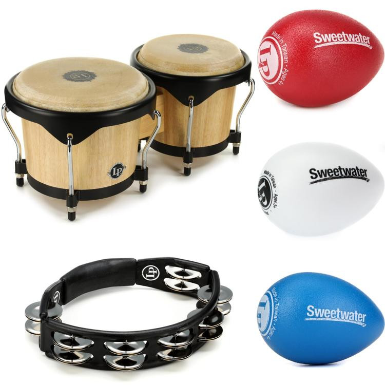 Latin Percussion City Wood Bongos, Shakers, and Tambourine Bundle