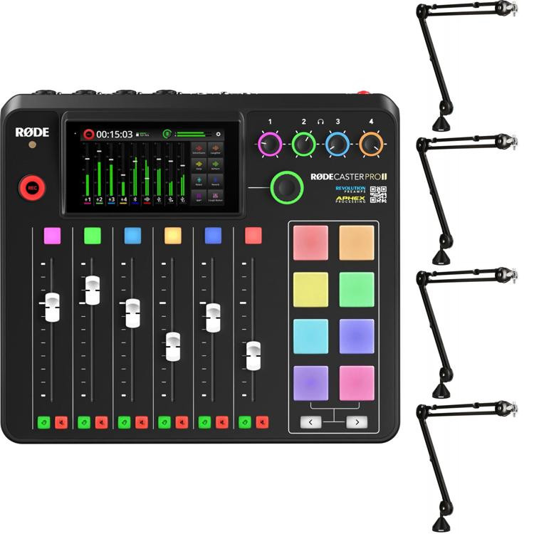 Rode Rodecaster Pro II Podcast Production Console with Quad Boom Arms ...