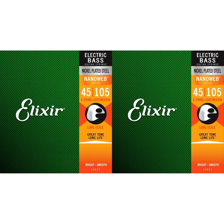 Elixir Strings 14077 Nanoweb Electric Bass Guitar Strings - .045-.105 Light/ Medium Long Scale (2 Pack) | Sweetwater