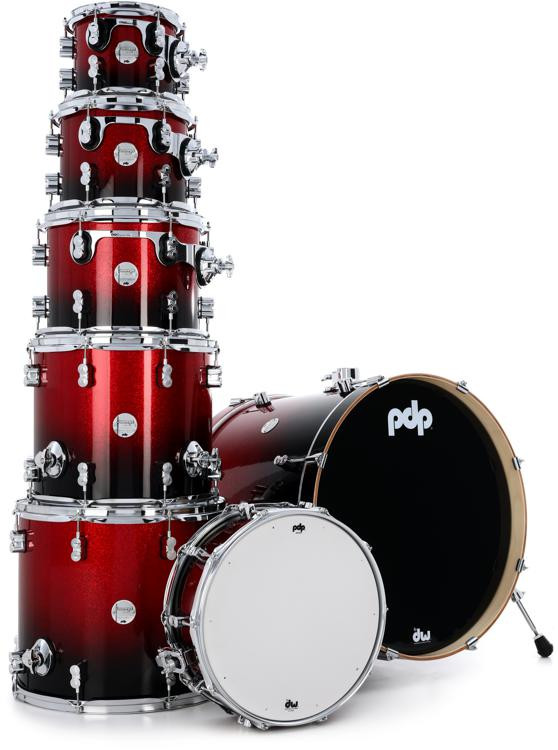 Pdp Concept Maple Shell Pack 7 Piece Red To Black Sparkle Fade Sweetwater