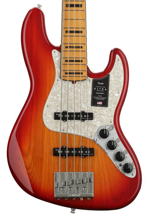 Fender American Ultra Jazz Bass V Plasma Red Burst With Maple Fingerboard Sweetwater 4884