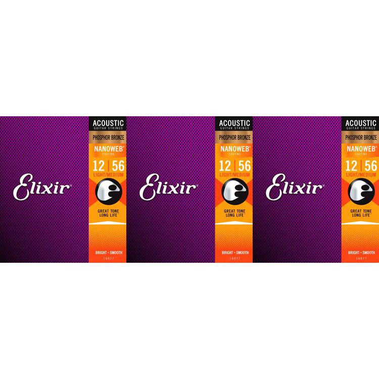 Elixir Strings 16077 Nanoweb Phosphor Bronze Acoustic Guitar Strings .012.056 Medium Light (3