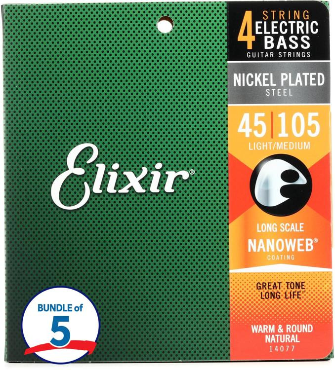 Elixir Strings 14077 Nanoweb Electric Bass Guitar Strings .045.105 Light/Medium Long Scale (5