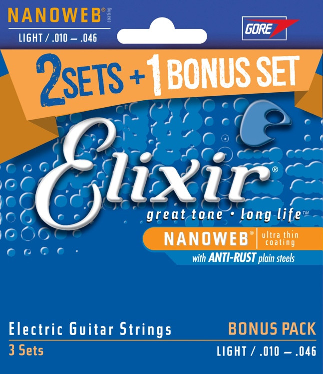 Elixir Strings Nanoweb Electric Guitar Strings .010.046 Light 3pack