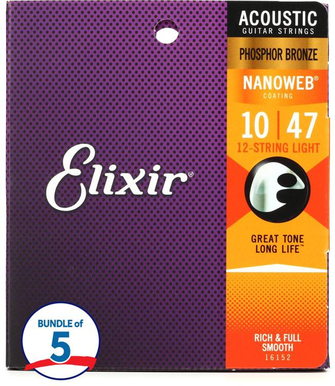 Elixir Strings 16152 Nanoweb Phosphor Bronze Acoustic Guitar Strings .010.047 12string Light