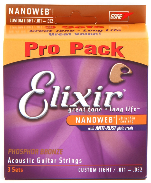 Elixir Strings Nanoweb Phosphor Bronze Acoustic Strings Pro Pack .011