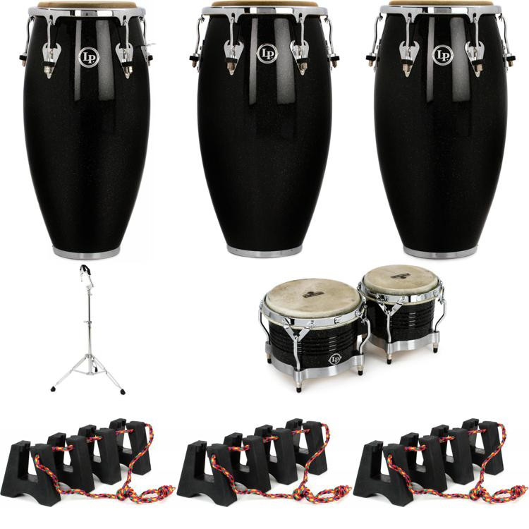Latin Percussion Matador Wood Conga Set with Bongos and Stand 11/11.75/12.5 inch Black Nebula