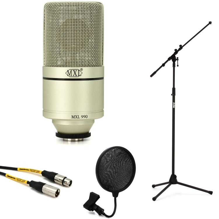 MXL 990 Large-diaphragm Condenser Microphone with Boom Stand, Pop Filter,  and Cable