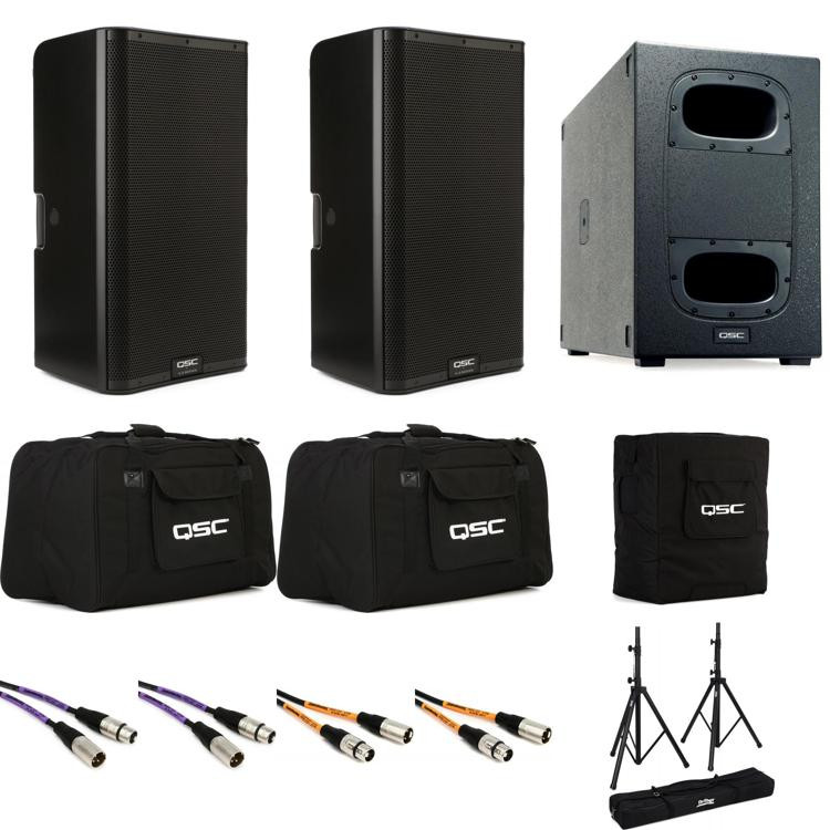 QSC K12.2 Powered Speaker Pair With KS Cardioid Sub, Stands, Covers And ...