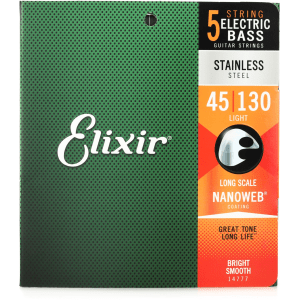 Elixir Strings 14777 Nanoweb Electric Bass Guitar Strings - .045-.130 Light Long Scale, 5-string