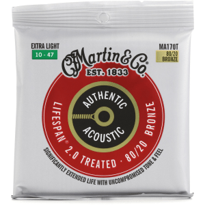 Martin MA170T Authentic Acoustic Lifespan 2.0 Treated 80/20 Bronze Guitar Strings - .010-.047 Extra Light