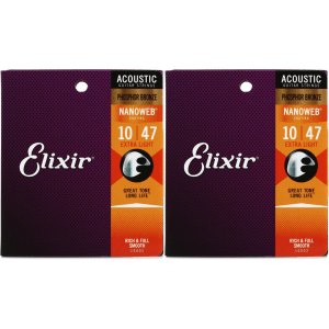 Elixir Strings 16002 Nanoweb Phosphor Bronze Acoustic Guitar Strings - .010-.047 Extra Light (2-pack)