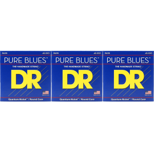 DR Strings PB-45/100 Pure Blues Quantum-nickel/Round Core Bass Guitar Strings - .045-.100 Medium-Light (3-Pack)