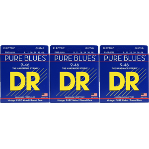 DR Strings PHR-9/46 Pure Blues Pure Nickel Electric Guitar Strings - .009-.046 Light and Heavy (3-Pack)
