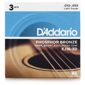 D'Addario EJ16 Phosphor Bronze Acoustic Guitar Strings - .012-.053 Light (3-pack)