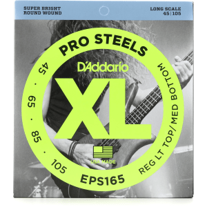 D'Addario EPS165 XL Pro Steels Bass Guitar Strings - .045-.105 Light Top/Medium Bottom Long Scale 4-string