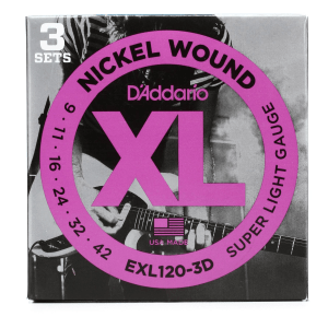 D'Addario EXL120 XL Nickel Wound Electric Guitar Strings - .009-.042 Super Light (3-pack)