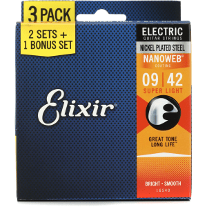 Elixir Strings 16540 Nanoweb Electric Guitar Strings - .009-.042 Super Light 3-pack