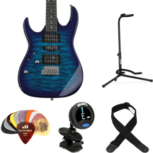 Ibanez Gio GRX70QAL Left-handed Electric Guitar Essentials Bundle - Transparent Blue Burst