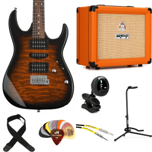 Ibanez Gio GRX70QA Electric Guitar and Orange Crush 20 Amp Essentials Bundle- Sunburst