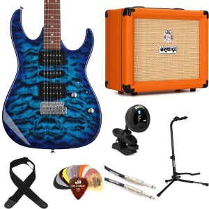 Ibanez Gio GRX70QA Electric Guitar and Orange Crush 20 Amp Essentials Bundle - Transparent Blue Burst
