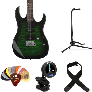Ibanez Gio GRX70QA Electric Guitar Essentials Bundle - Transparent Emerald Burst