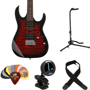 Ibanez Gio GRX70QA Electric Guitar Essentials Bundle - Transparent Red Burst