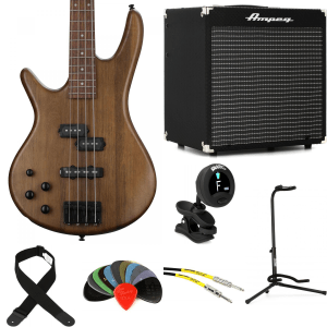 Ibanez Gio GSR200B Left-handed Bass Guitar and Ampeg Rocket Amp Essentials Bundle - Walnut Flat