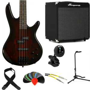 Ibanez Gio GSR200SMCNB Bass Guitar and Ampeg Rocket Amp Essentials Bundle - Charcoal Brown Burst