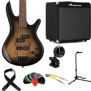Ibanez Gio GSR200SMNGT Bass Guitar and Ampeg Rocket Amp Essentials Bundle - Natural Gray Burst