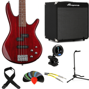 Ibanez Gio GSR200TR Bass Guitar and Ampeg Rocket Amp Essentials Bundle - Transparent Red