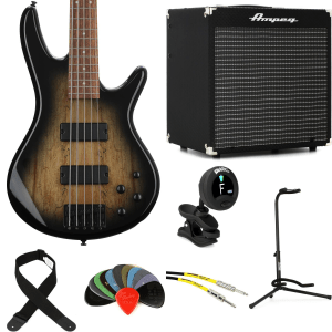 Ibanez Gio GSR205SMNGT Bass Guitar and Ampeg Rocket Amp Essentials Bundle - Spalted Maple, Natural Gray Burst