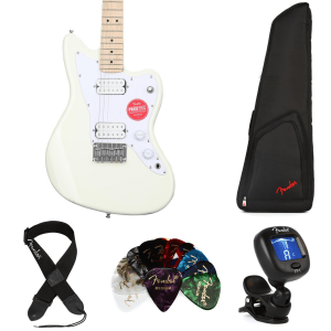 Squier Mini Jazzmaster HH Essentials Bundle - Olympic White with Maple Fingerboard