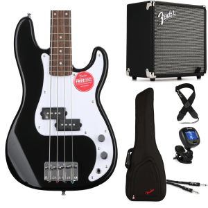 Squier Mini Precision Electric Bass and Fender Rumble 15 Amp Essentials Bundle - Black