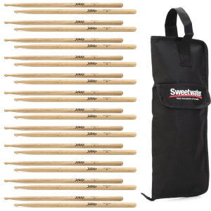 On-Stage Hickory Drumsticks 12-pair with Stick Bag - 5A - Wood Tip
