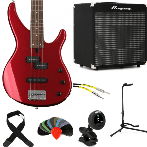 Yamaha TRBX174 Bass Guitar and Ampeg Rocket Amp Essentials Bundle - Red Metallic