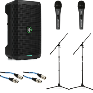 Mackie Thump GO Battery-powered Loudspeaker with Sennheiser e 825-S Dynamic Vocal Microphone (Pair) and Stands