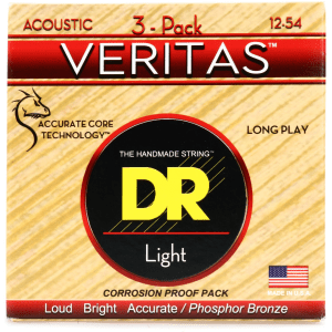 DR Strings VTA-12 Veritas Phosphor Bronze Acoustic Guitar Strings - .012-.054 Light Factory 3-Pack