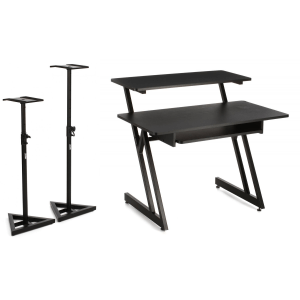 On-Stage WS7500 Workstation Desk in Black with SMS6000-P Studio Monitor Stands