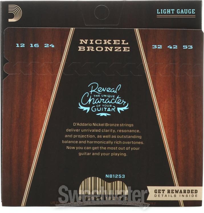 D'Addario NB1253 Nickel Bronze Acoustic Guitar Strings - .012-.053 Light  Reviews | Sweetwater