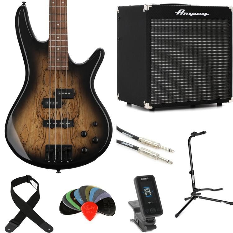 Ibanez Gio GSR200SMNGT Bass Guitar and Ampeg Rocket Amp Essentials Bundle -  Natural Gray Burst