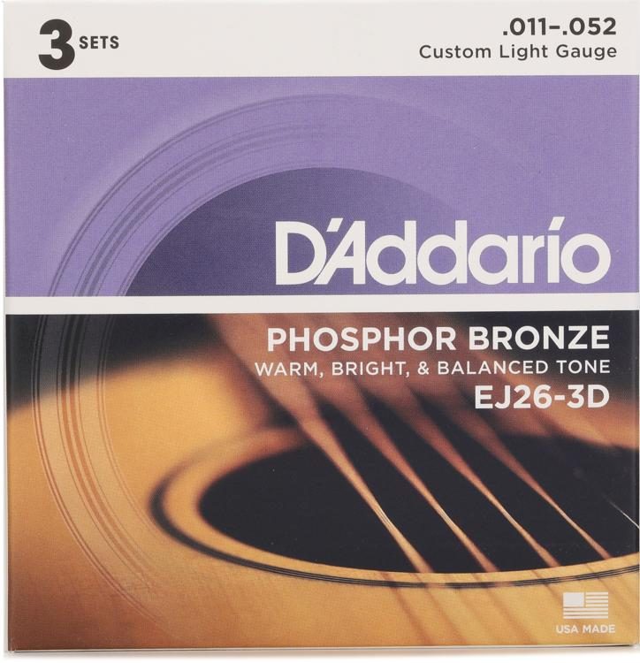 D'Addario EJ26 Phosphor Bronze Acoustic Guitar Strings - .011-.052 Custom  Light (3-pack)