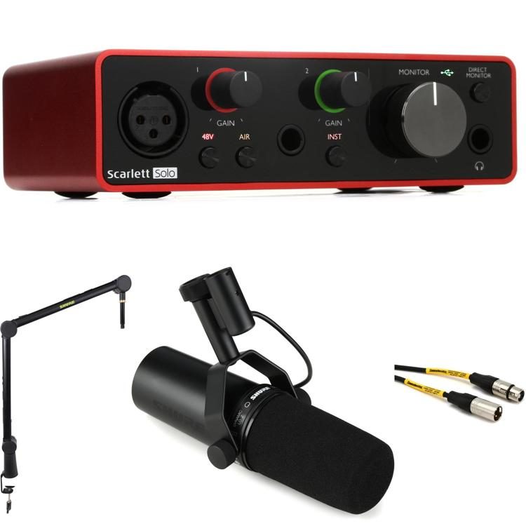 focusrite-scarlett-solo-interface-and-shure-sm7db-microphone-podcasting